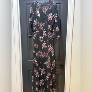 Black Floral V-Neck Maxi Dress with Pink Blooms